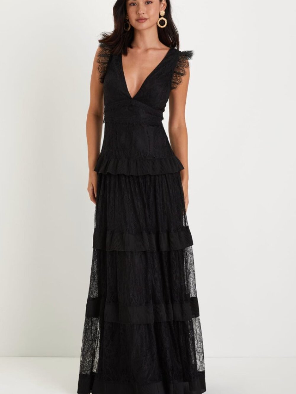 NWT Marvelous Darling Black Lace Ruffled Tiered Maxi Dress XS